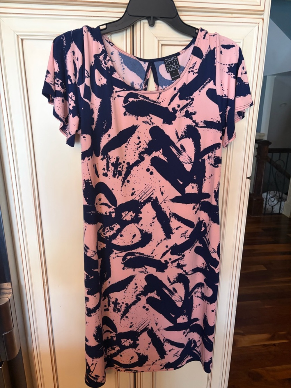 Clara Sun Woo Pink and Navy Abstract Print Shift. Size Small. NWOT
